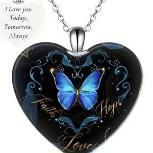 Blue Butterfly Heart Necklace with Inspirational Words